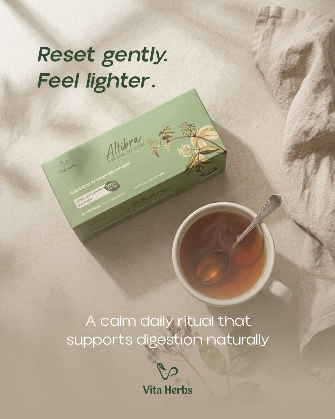 Altibra herbal infusion poured over linen — a calm morning ritual