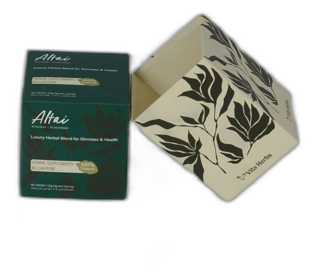 Altai herbal blend — deep forest green box with hand-illustrated botanical motif