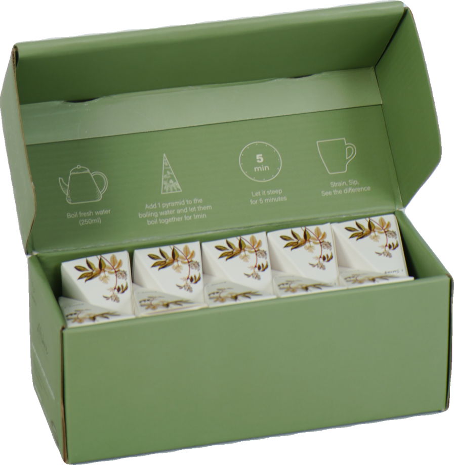 Altibra herbal blend by Vitaherbs — sage-green box with golden botanical motif, open to reveal pyramid sachets and brewing ritual