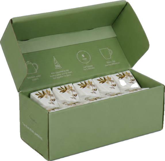 Altibra herbal blend — sage green box with golden floral motif, open showing pyramid sachets
